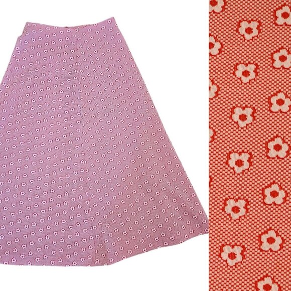 Vintage 70s Womens‎ Maxi Skirt Long Large Red Retro Floral Print Polyester Knit - Picture 1 of 8